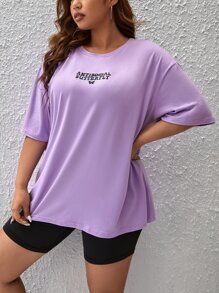 SHEIN EZwear 大碼字母圖案落肩T恤 - 紫丁香色 - 查看 4