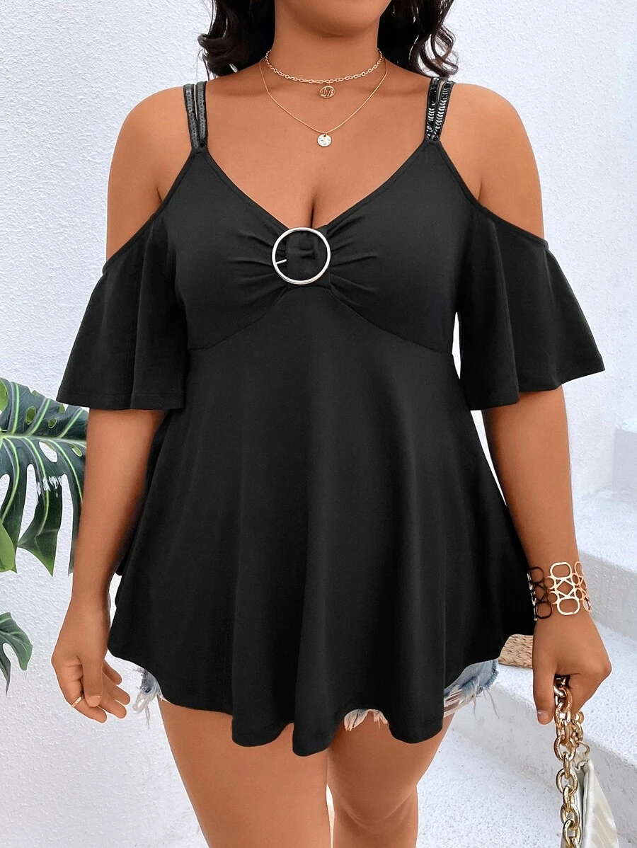 SHEIN Clasi 大碼挖肩圓環細節T恤 - 黑色 - 查看 1