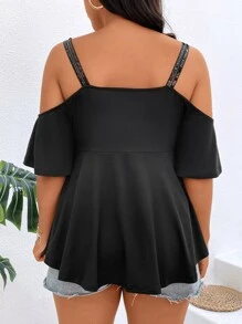 SHEIN Clasi 大碼挖肩圓環細節T恤 - 黑色 - 查看 2