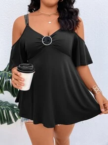 SHEIN Clasi 大碼挖肩圓環細節T恤 - 黑色 - 查看 5