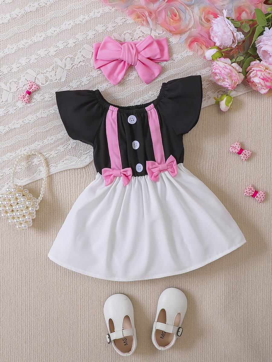 Bebé con lazo delantero ribete con fruncido Vestido & Accesorio Diadema