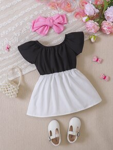 Bebé con lazo delantero ribete con fruncido Vestido & Accesorio Diadema