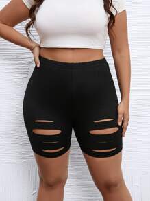 Flirla Plus Solid Ripped Cycling Shorts - Black - View 1