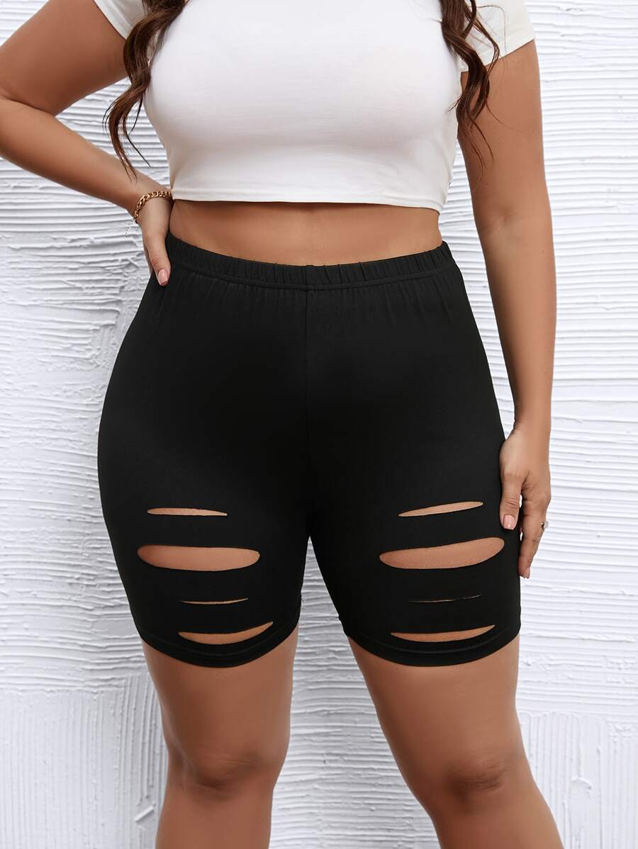 Flirla Plus Solid Ripped Cycling Shorts - Black - View 1