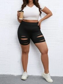 Flirla Plus Solid Ripped Cycling Shorts - Black - View 3