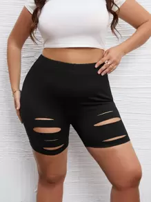 Flirla Plus Solid Ripped Cycling Shorts - Black - View 5