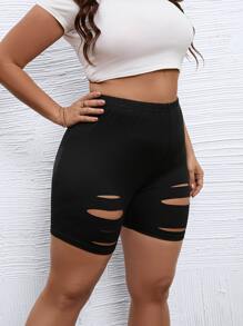 Flirla Plus Solid Ripped Cycling Shorts - Black - View 6