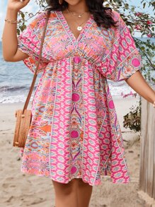 Breezaya Robe grande taille à manches chauve-souris avec imprimé boho tout-sur-tout