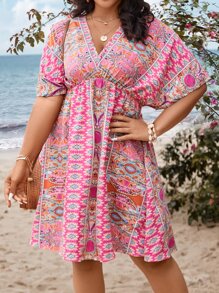 Breezaya Robe grande taille à manches chauve-souris avec imprimé boho tout-sur-tout
