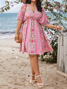 Breezaya Robe grande taille à manches chauve-souris avec imprimé boho tout-sur-tout