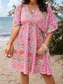 Breezaya Robe grande taille à manches chauve-souris avec imprimé boho tout-sur-tout