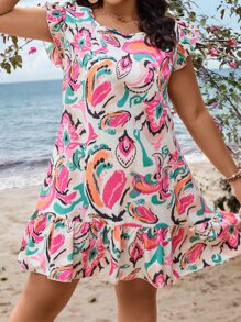 SHEIN Clasi 大碼滿版印花荷葉邊娃娃裙 - 彩色 - 查看 5