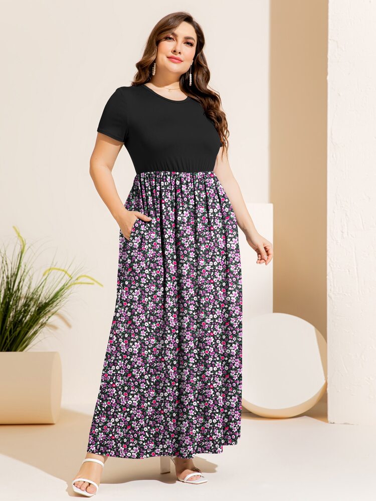 Plus Ditsy Floral Print Dress - Multicolor - View 1