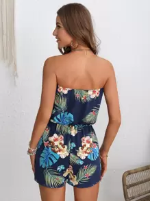 SHEIN VCAY Tropical Print Tube Romper - Navy Blue - View 2