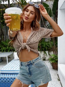 Women's Knit Casual V-Neck Short Sleeve Cardigan, Loose Fit, Summer Vacation Top, Hollow-Out Design, Random Pattern, Suitable For Back To School Season And Autumn - Khaki - View 7