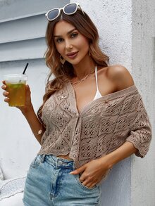 Women's Knit Casual V-Neck Short Sleeve Cardigan, Loose Fit, Summer Vacation Top, Hollow-Out Design, Random Pattern, Suitable For Back To School Season And Autumn - Khaki - View 4