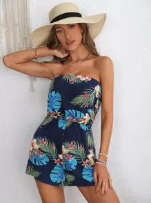 SHEIN VCAY Tropical Print Tube Romper - Navy Blue - View 6