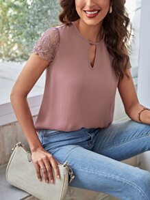 SHEIN Clasi Keyhole Neck Mesh Embroidery Blouse - Dusty Pink - View 1