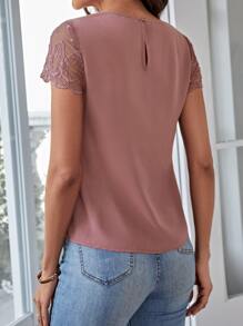 SHEIN Clasi Keyhole Neck Mesh Embroidery Blouse - Dusty Pink - View 2