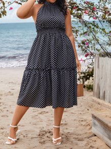 SHEIN Holidaya Plus Polka Dot Print Ruffle Hem Dress - Black and White - View 4