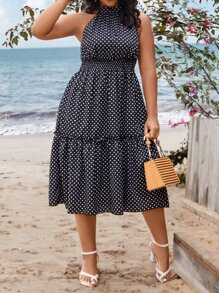 SHEIN Holidaya Plus Polka Dot Print Ruffle Hem Dress - Black and White - View 5
