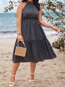 SHEIN Holidaya Plus Polka Dot Print Ruffle Hem Dress - Black and White - View 6