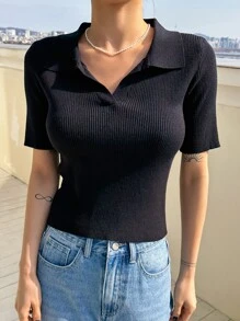 DAZY Áo dệt kim nữ Gân đan màu trơn Giải trí - màu đen - Xem 2