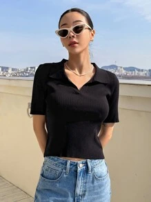 DAZY Áo dệt kim nữ Gân đan màu trơn Giải trí - màu đen - Xem 6