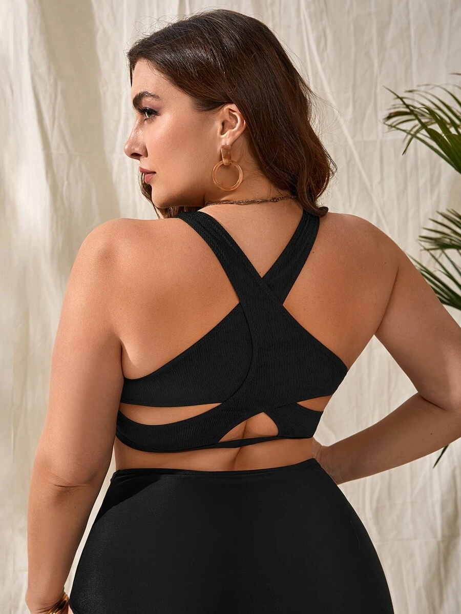 Plus Cut Out Back Bikini Top - Black - View 1