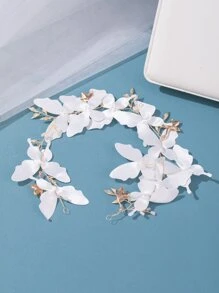 珍珠和蝴蝶裝飾新娘髮帶 - 白色 - 查看 2