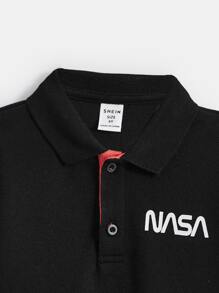 SHEIN Áo polo bé trai Tương phản ràng buộc Nút phía trước Lá thư Giải trí - màu đen - Xem 3