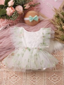 Newborn Photography Appliques Embroidery Mesh Overlay Ruffle Trim Dress & Accessory Headband - White - View 6