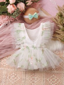 Newborn Photography Appliques Embroidery Mesh Overlay Ruffle Trim Dress & Accessory Headband - White - View 2