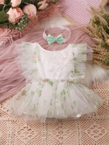 Newborn Photography Appliques Embroidery Mesh Overlay Ruffle Trim Dress & Accessory Headband - White - View 8