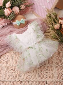 Newborn Photography Appliques Embroidery Mesh Overlay Ruffle Trim Dress & Accessory Headband - White - View 7