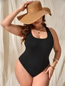 SHEIN Swim Curve Plus Solid Ribbed Knit One Piece Swimsuit - Black - View 1