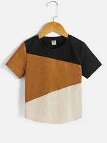 SHEIN Camiseta de punto cómoda de cuello redondo y manga corta para deportes y ocasiones informales para niño joven con bloque de color - Marrón - Ver 2