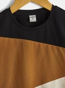 SHEIN Camiseta de punto cómoda de cuello redondo y manga corta para deportes y ocasiones informales para niño joven con bloque de color - Marrón - Ver 4