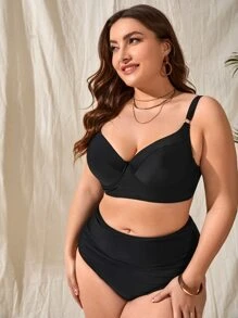 SHEIN Swim Curve Summer Plus Size Solid Push Up Bikini Top - Black - View 3