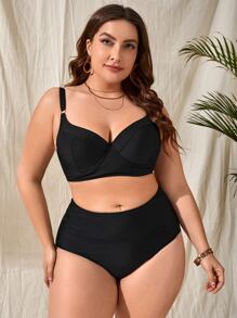 SHEIN Swim Curve Summer Plus Size Solid Push Up Bikini Top - Black - View 4