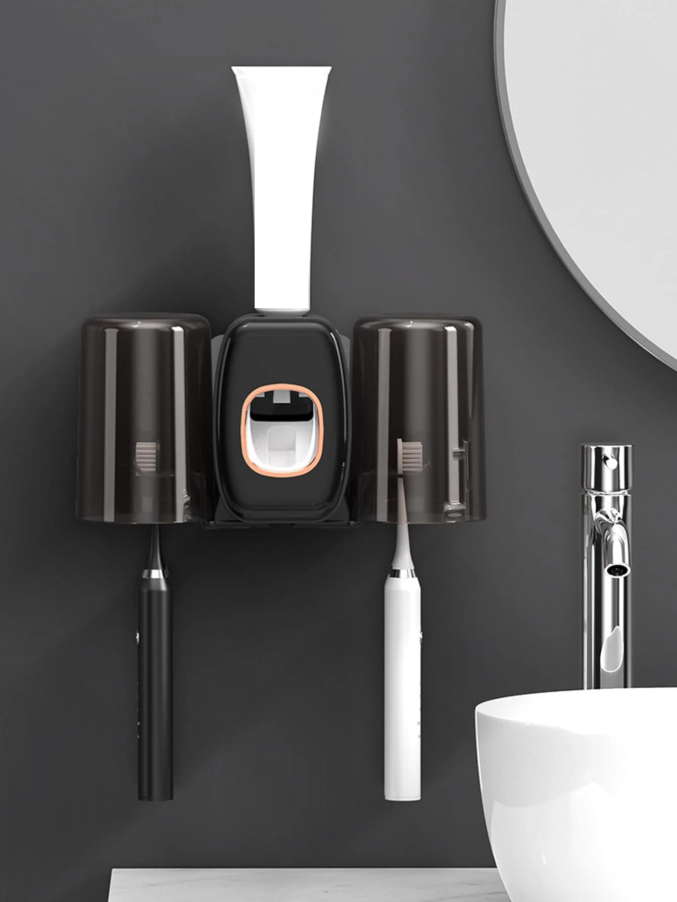 WHICHLIFE 1 Bộ Giá Treo Bàn Chải Đánh Răng Treo Tường Có Cốc Súc Miệng, Giá Treo Bàn Chải Đánh Răng Đồng Bằng Hiện Đại Cho Phòng Tắm - màu đen - Xem 1