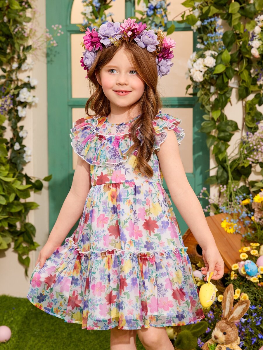 SHEIN 小女童印花荷葉邊娃娃裙 - 彩色 - 查看 1