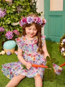 SHEIN 小女童印花荷葉邊娃娃裙 - 彩色 - 查看 3