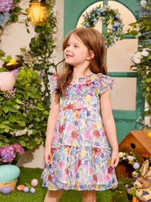 SHEIN 小女童印花荷葉邊娃娃裙 - 彩色 - 查看 4