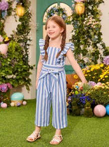 SHEIN Toddler Girls Striped Ruffle Trim Top & Belted Wide Leg Trousers - Blue and White - View 3