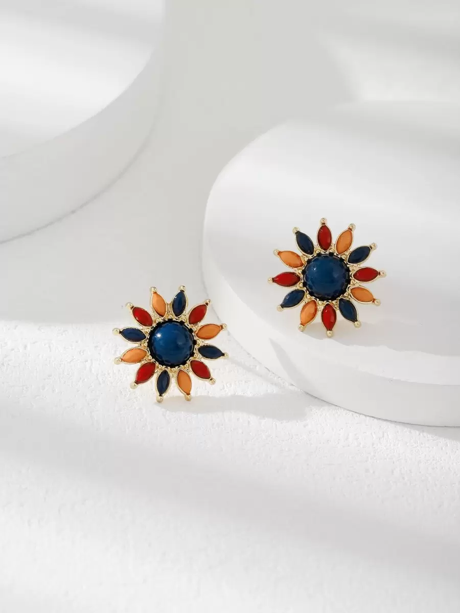 Flower Design Stud Earrings Valentines - Multicolor - View 1