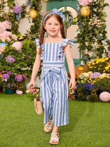 SHEIN Toddler Girls Striped Ruffle Trim Top & Belted Wide Leg Trousers - Blue and White - View 4