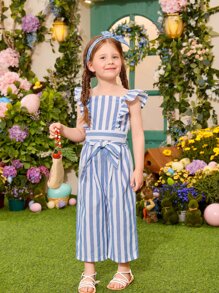 SHEIN Toddler Girls Striped Ruffle Trim Top & Belted Wide Leg Trousers - Blue and White - View 6