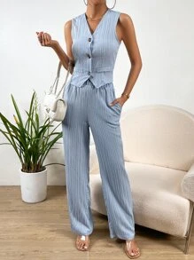 Chiquease Bộ âu phục nữ Nút phía trước màu trơn Giải trí - Màu xanh nhạt - Xem 5