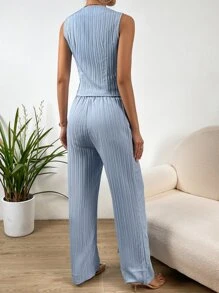 Chiquease Bộ âu phục nữ Nút phía trước màu trơn Giải trí - Màu xanh nhạt - Xem 2